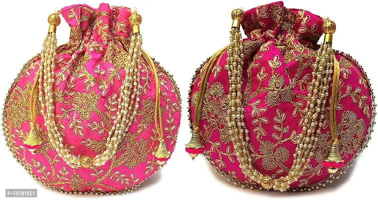 BINORI FASHIONS Rajasthani Style Royal Clutch Silk Batwa Bag Combo Wristlets Ethnic Potli Combo For Women's Zari Work Potli Combo Bridal Potli Combo Potli Bags Combo. (PINK  BABY PINK)-thumb0
