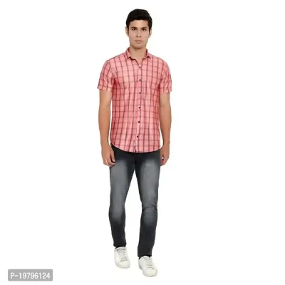 Edgy Mens Lycra Checks Design Printed Half Sleeve Casual Shirts for Boys and Mens (Pink) (Size:-Small)