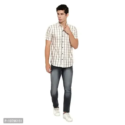 Edgy Mens Lycra Checks Design Printed Half Sleeve Casual Shirts for Boys and Mens (Off White) (Size:-Medium)
