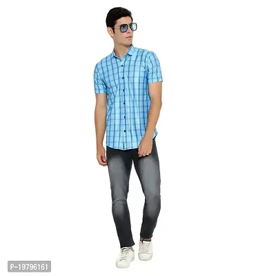 Edgy Mens Lycra Checks Design Printed Half Sleeve Casual Shirts for Boys and Mens (Blue) (Size:-Large)
