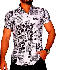 Edgy Mens Lycra News Papper Design Printed Half Sleeve Casual Shirts for Boys and Mens (White) (Size:-Large)-thumb1