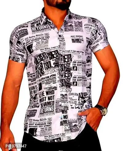 Edgy Mens Lycra News Papper Design Printed Half Sleeve Casual Shirts for Boys and Mens (White) (Size:-Large)-thumb2