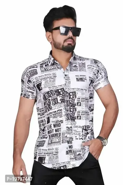 Edgy Mens Lycra News Papper Design Printed Half Sleeve Casual Shirts for Boys and Mens (White) (Size:-Large)-thumb0