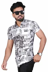 Edgy Mens Lycra News Papper Design Printed Half Sleeve Casual Shirts for Boys and Mens (White) (Size:-Large)-thumb4