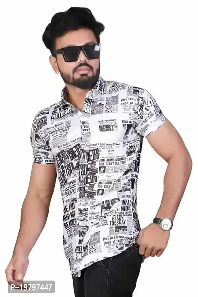 Edgy Mens Lycra News Papper Design Printed Half Sleeve Casual Shirts for Boys and Mens (White) (Size:-Large)-thumb5