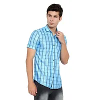 Edgy Mens Lycra Checks Design Printed Half Sleeve Casual Shirts for Boys and Mens (Blue) (Size:-Large)-thumb4