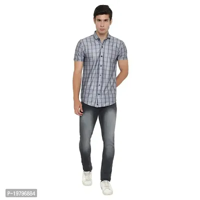 Edgy Mens Lycra Checks Design Printed Half Sleeve Casual Shirts for Boys and Mens (Grey) (Size:-X-Large)-thumb0