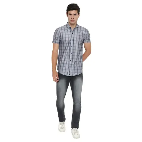 Edgy Mens Lycra Checks Design Half Sleeve Casual Shirts for Boys and Mens (Grey) (Size:-Small)