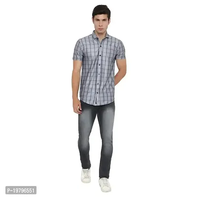 Edgy Mens Lycra Checks Design Printed Half Sleeve Casual Shirts for Boys and Mens (Grey) (Size:-Medium)