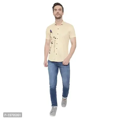 Edgy Mens Lycra Sparrow Design Printed Half Sleeve Casual Shirts for Boys and Mens (Beige) (Size:-Small)