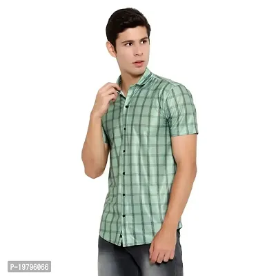 Edgy Mens Lycra Checks Design Printed Half Sleeve Casual Shirts for Boys and Mens (Light Green) (Size:-Small)-thumb2