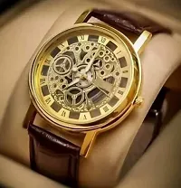 JOLIYA ll Unique Designer Open Mechanical Open Gold Dial Leather Belt Analog Watch - for Men-thumb2