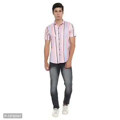 Edgy Mens Lycra Stripped Lines Design Printed Half Sleeve Casual Shirts for Boys and Mens (Pink) (Size:-X-Large)