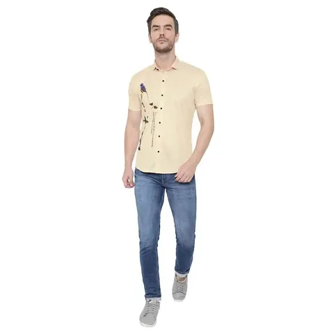 Edgy Mens Lycra Sparrow Design Half Sleeve Casual Shirts for Boys and Mens (Beige) (Size:-Large)