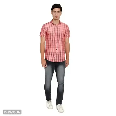 Edgy Mens Lycra Checks Design Printed Half Sleeve Casual Shirts for Boys and Mens (Pink) (Size:-Large)