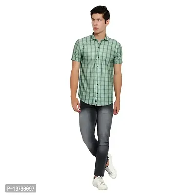 Edgy Mens Lycra Checks Design Printed Half Sleeve Casual Shirts for Boys and Mens (Light Green) (Size:-Medium)