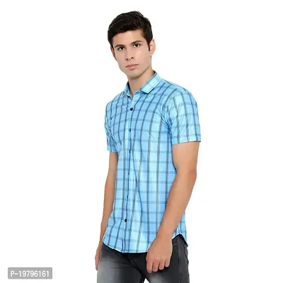 Edgy Mens Lycra Checks Design Printed Half Sleeve Casual Shirts for Boys and Mens (Blue) (Size:-Large)-thumb3