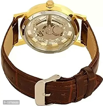 JOLIYA ll Unique Designer Open Mechanical Open Gold Dial Leather Belt Analog Watch - for Men-thumb2