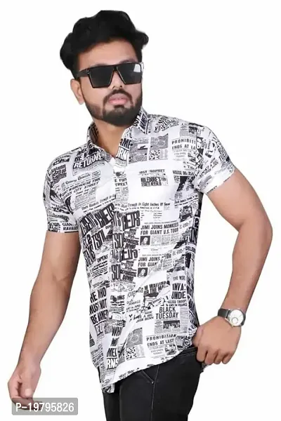 Edgy Mens Lycra News Papper Design Printed Half Sleeve Casual Shirts for Boys and Mens (White) (Size:-Small)-thumb2