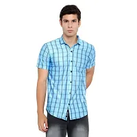 Edgy Mens Lycra Checks Design Printed Half Sleeve Casual Shirts for Boys and Mens (Blue) (Size:-Large)-thumb3