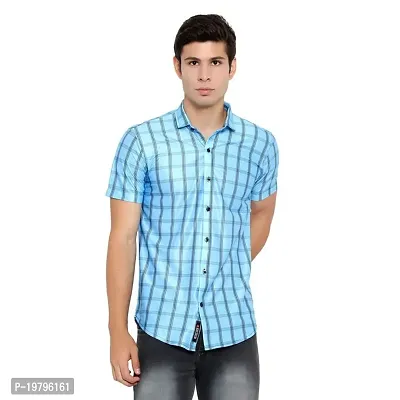 Edgy Mens Lycra Checks Design Printed Half Sleeve Casual Shirts for Boys and Mens (Blue) (Size:-Large)-thumb4