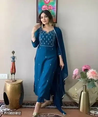 A-Line Blue  Cotton Blend Kurta Bottom Dupatta Set For Women-thumb0