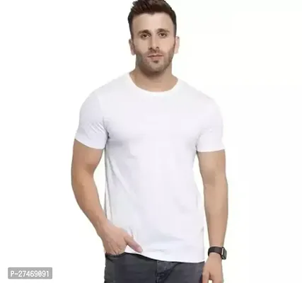Comfortable White Cotton Solid Round Neck Tees For Men-thumb0