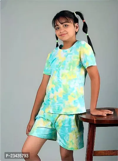 Fabulous Crepe Dyed Top with Short Set For Girls