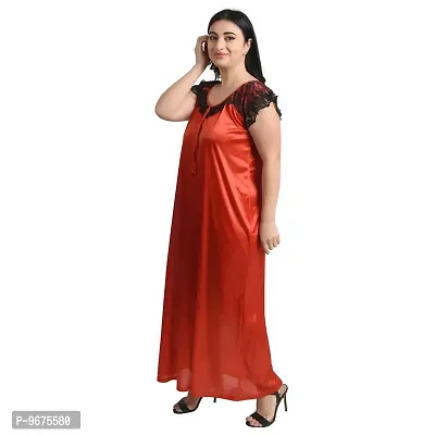 Gwachi Women's Cotton Blend Embellished Maxi Nighty with Flower Net Robe (Free, RED/Black)-thumb5