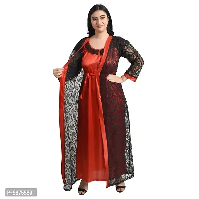 Gwachi Women's Cotton Blend Embellished Maxi Nighty with Flower Net Robe (Free, RED/Black)