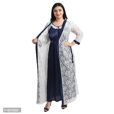 Gwachi Women's Cotton Blend Embellished Maxi Nighty with Flower Net Robe (Free, White/Blue)-thumb0