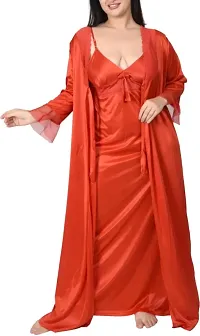 Gwachi Women's Satin, Lace Solid Maxi Nighty (GW-VN-2Pcs-Set-4003_Red_L)-thumb2