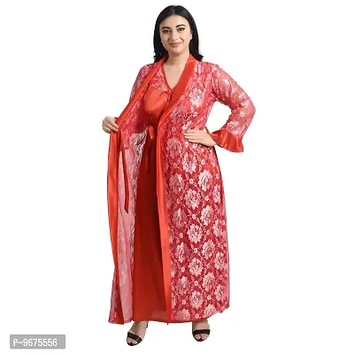 Gwachi Women's Satin Embroidered Maxi Night Gown (2 PIC Silver NET 003) (Large, Red)