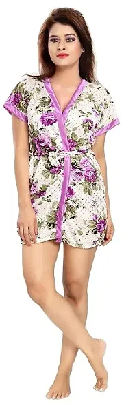 Gwachi Girls/Women's Above Knee Satin All Over Floral Print Short Nighty/Nightwear/Includes Robe, Inner, Bra & Panty (GW_VN_BR_PR_Robe_Combo_1300) (Free Size, Purple)-thumb1