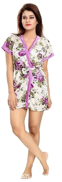 Gwachi Girls/Women's Above Knee Satin All Over Floral Print Short Nighty/Nightwear/Includes Robe, Inner, Bra & Panty (GW_VN_BR_PR_Robe_Combo_1300) (Free Size, Purple)-thumb2