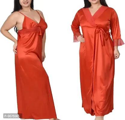 Gwachi Women's Satin, Lace Solid Maxi Nighty (GW-VN-2Pcs-Set-4003_Red_L)-thumb0