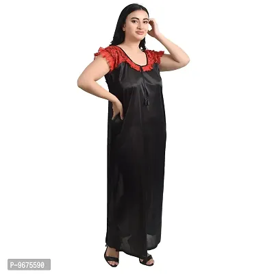 Gwachi Women's Cotton Blend Embellished Maxi Nighty with Flower Net Robe (Large, Black/RED)-thumb5