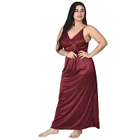 Gwachi Half Sleeve Satin Solid Maxi Nightwear 1 Nighty, 1 Wrap Gown, 1 Panty, 1 Bra ( GW_4003_Half_4Pcs_Set ) (Large, Coffee)-thumb2