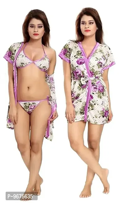 Gwachi Girls/Women's Above Knee Satin All Over Floral Print Short Nighty/Nightwear/Includes Robe, Inner, Bra & Panty (GW_VN_BR_PR_Robe_Combo_1300) (Free Size, Purple)