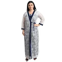 Gwachi Women's Cotton Blend Embellished Maxi Nighty with Flower Net Robe (Free, White/Blue)-thumb1