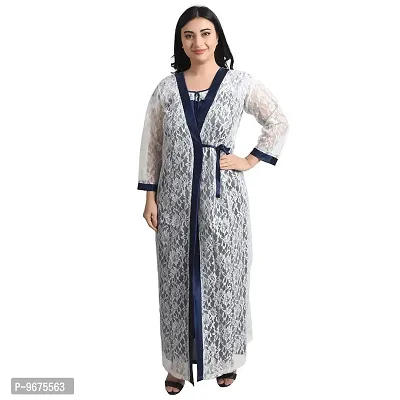 Gwachi Women's Cotton Blend Embellished Maxi Nighty with Flower Net Robe (Free, White/Blue)-thumb2