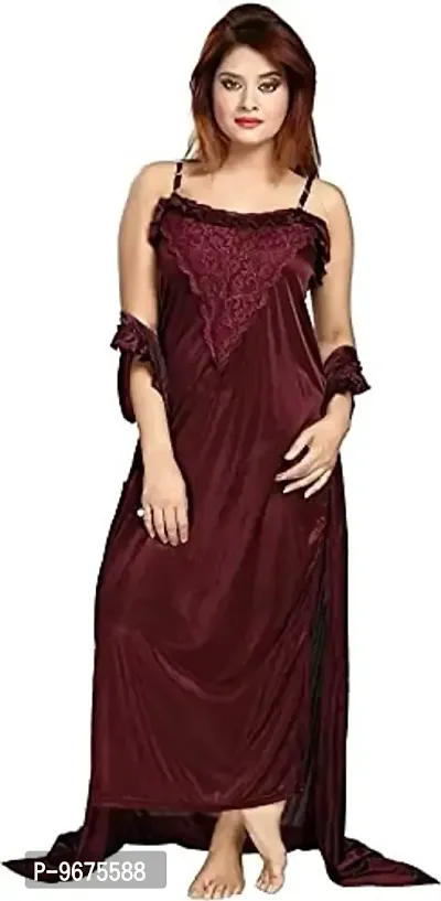Gwachi Women's Satin Solid Maxi Night Gown (GW_VN_2010_2Pcs_Set_Free Size/XL Size) (Free Size, Maroon)-thumb4