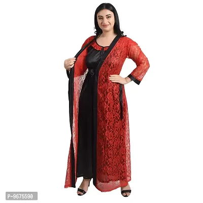 Gwachi Women's Cotton Blend Embellished Maxi Nighty with Flower Net Robe (Large, Black/RED)