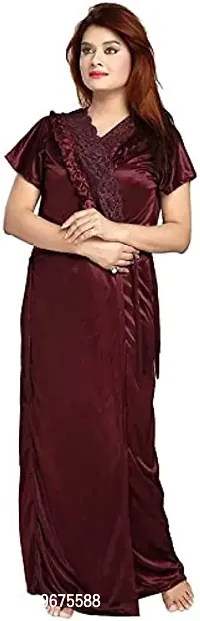 Gwachi Women's Satin Solid Maxi Night Gown (GW_VN_2010_2Pcs_Set_Free Size/XL Size) (Free Size, Maroon)-thumb3