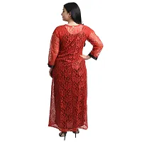 Gwachi Women's Cotton Blend Embellished Maxi Nighty with Flower Net Robe (Large, Black/RED)-thumb2