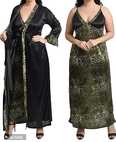 Gwachi Women's Printed/Animal Print/Tiger Print Satin 2Pcs Nighty Set | Women Nighty Set | Printed Satin Set Stylish | 2Pcs Honeymoon Sex | Sexy Nighty for Honeymoon (Large, Green)-thumb0