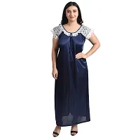 Gwachi Women's Cotton Blend Embellished Maxi Nighty with Flower Net Robe (Free, White/Blue)-thumb3