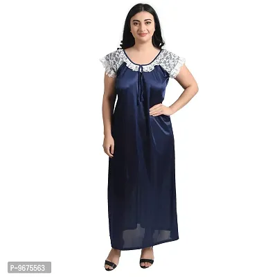 Gwachi Women's Cotton Blend Embellished Maxi Nighty with Flower Net Robe (Free, White/Blue)-thumb4