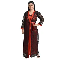 Gwachi Women's Cotton Blend Embellished Maxi Nighty with Flower Net Robe (Free, RED/Black)-thumb1