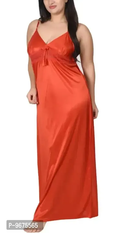 Gwachi Women's Satin, Lace Solid Maxi Nighty (GW-VN-2Pcs-Set-4003_Red_L)-thumb2